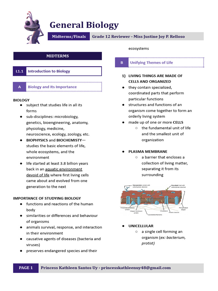 General Biology 1 Reviewer - 12-S-2B | PDF | Cell (Biology) | Cell Membrane