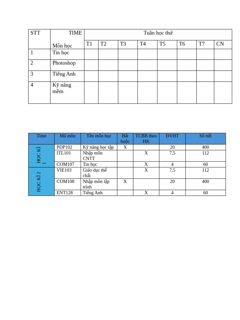 STT Time Môn học Tuần học thứ T1 T2 T3 T4 T5 T6 T7 CN 1 Tin học 2 ...