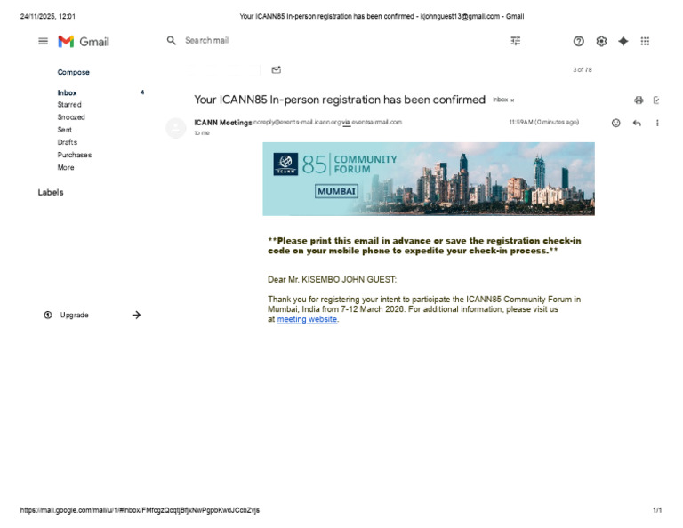 ICANN85 Registration Confirmation Email | PDF