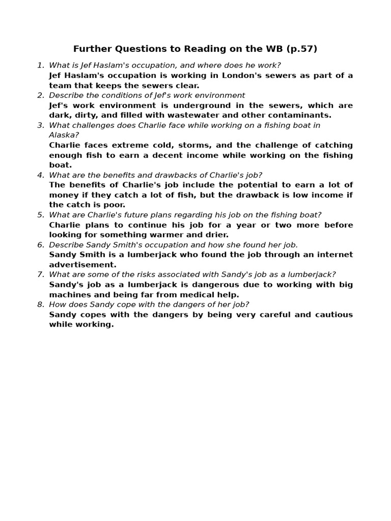 Further Questions To Reading On The WB (p.57) KEY | PDF