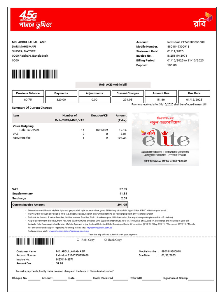 Robi Mobile Bill Statement for November 2025 | PDF | Cheque | Money