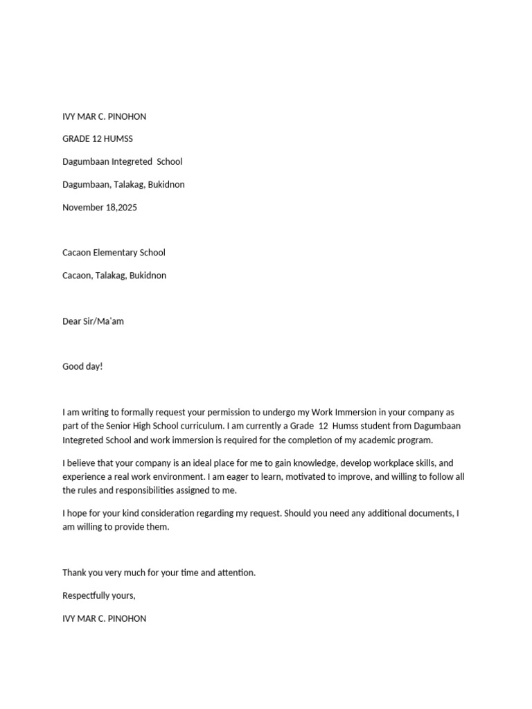 Work Immersion Request Letter | PDF