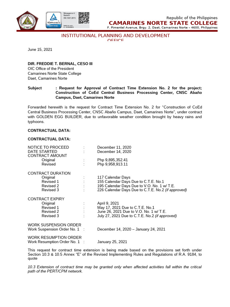 Contract Time Extension Request for CNSC | PDF | Typhoon | Pacific ...
