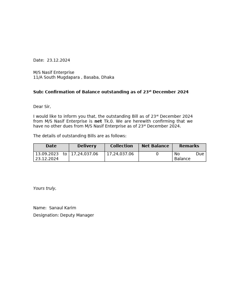Confirmation of Zero Outstanding Balance | PDF