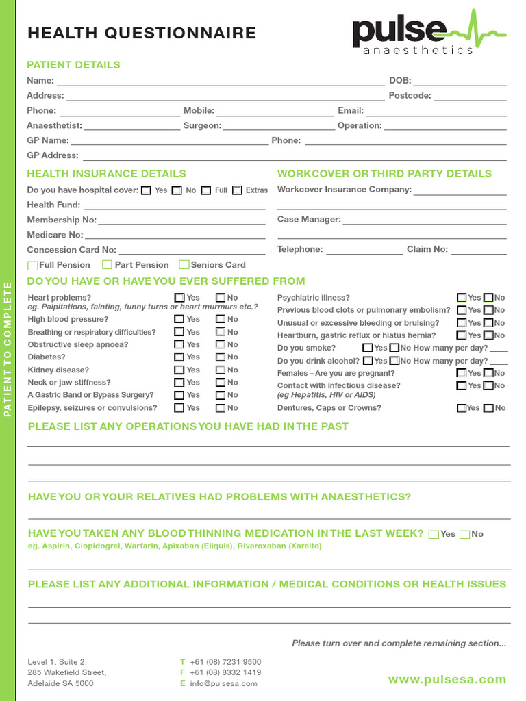 Pre-Anaesthetic Assessment Form | PDF | Anesthesia | Sleep Apnea