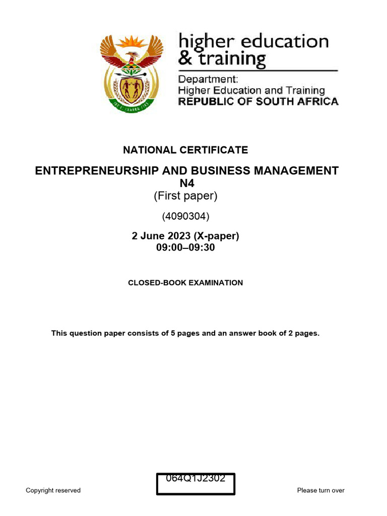 ENTREPRENEURSHIP AND BUSINESS MANAGEMENT N4 P1 QP JUN 2023 Van Zyl ...