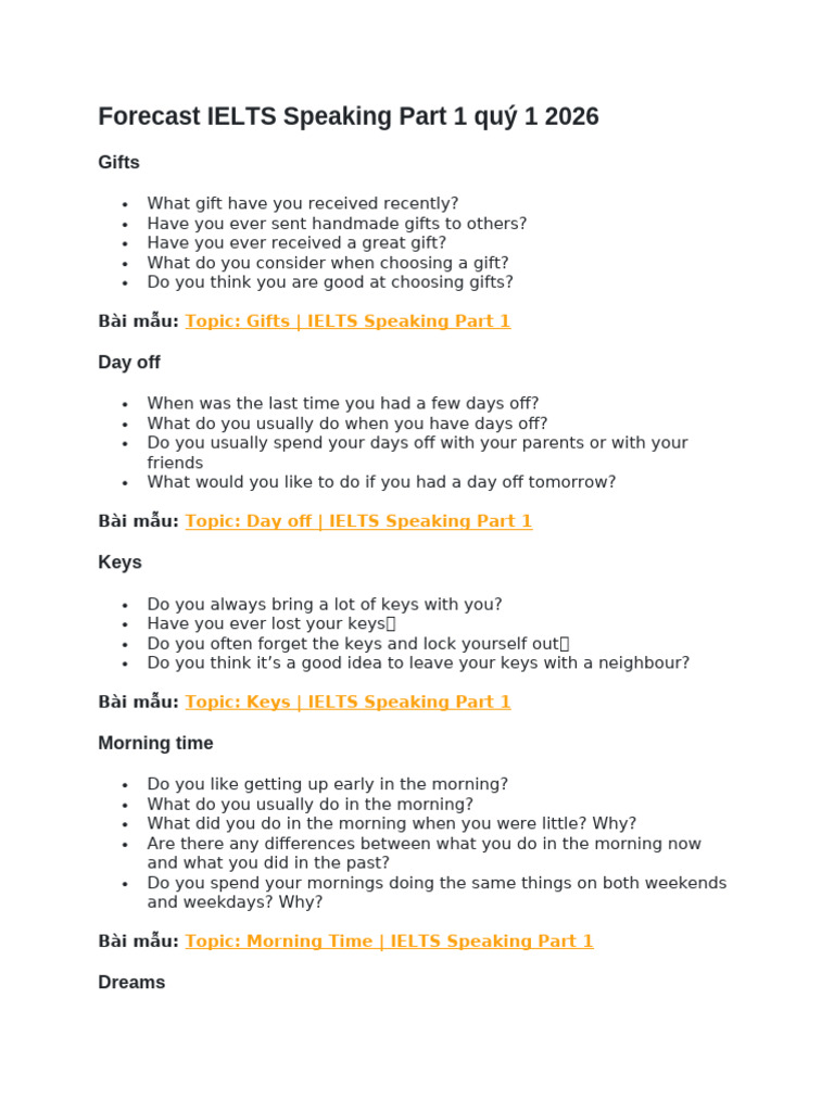 IELTS Speaking Part 1 Topics 2026 | PDF
