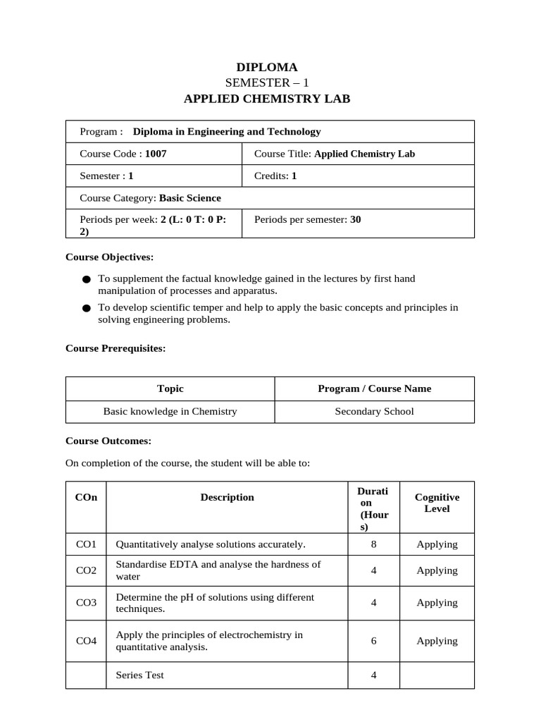 Applied Chemistry Lab Semester 1 Guide | PDF | Ph | Acid