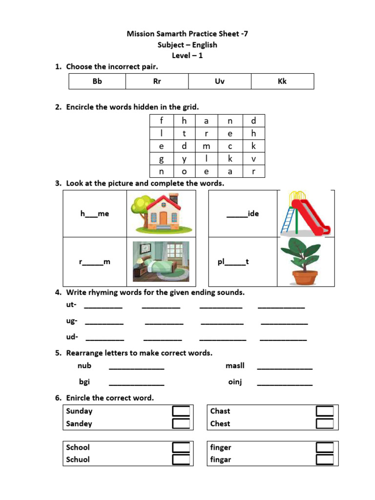 English Practice Sheet for Level 1 & 2 | PDF