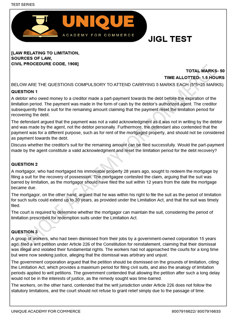 Limitation Law Test Series Questions | PDF | Lawsuit | Mortgage Law