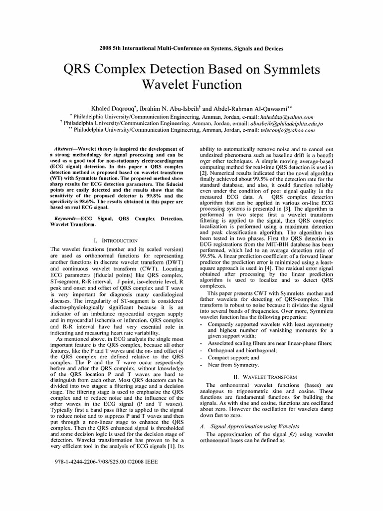 QRS Complex Detection Based On Symmlets Wavelet Function | PDF ...