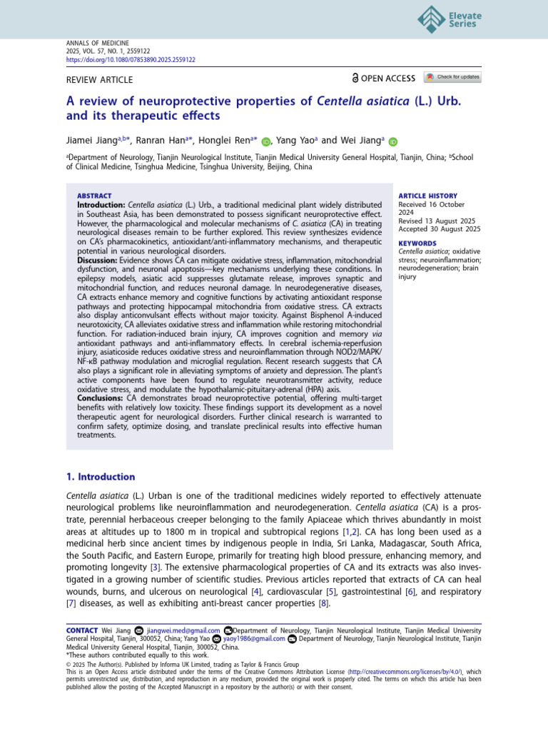 A Review of Neuroprotective Properties of Centella Asiatica (L.) Urb ...
