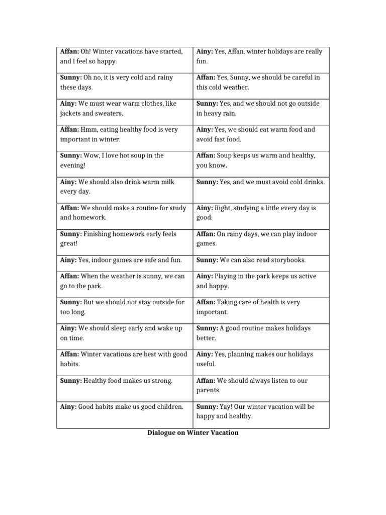 Class 3 Winter Vacation Dialogue Worksheet | PDF