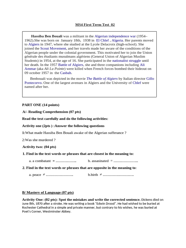 MS4 First Term Test: Algerian History | PDF | Algeria