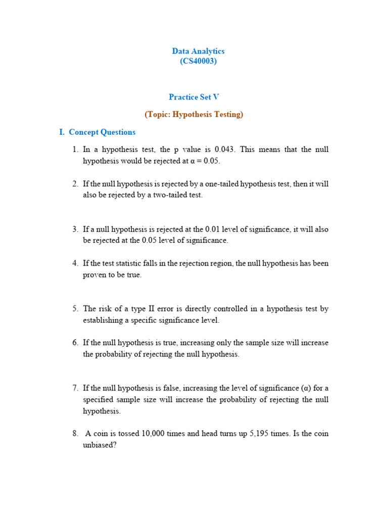 Hypothesis Testing Practice Set | PDF | Statistical Significance | Type ...