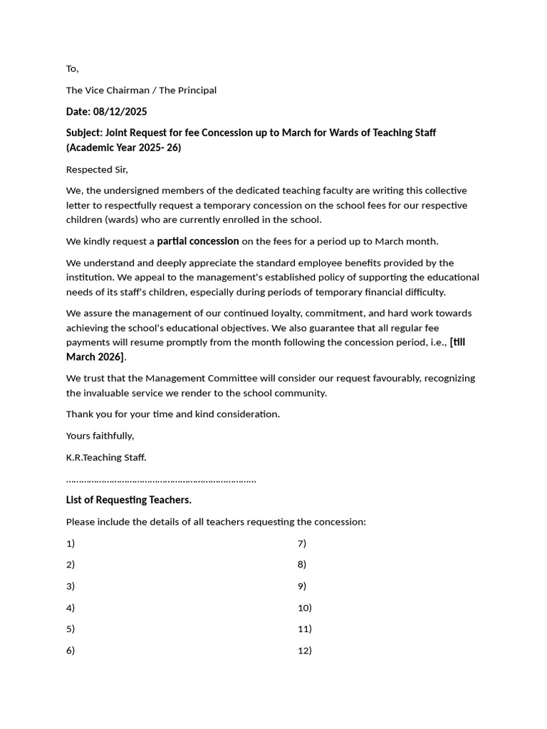 Fee Concession Request for Teaching Staff | PDF