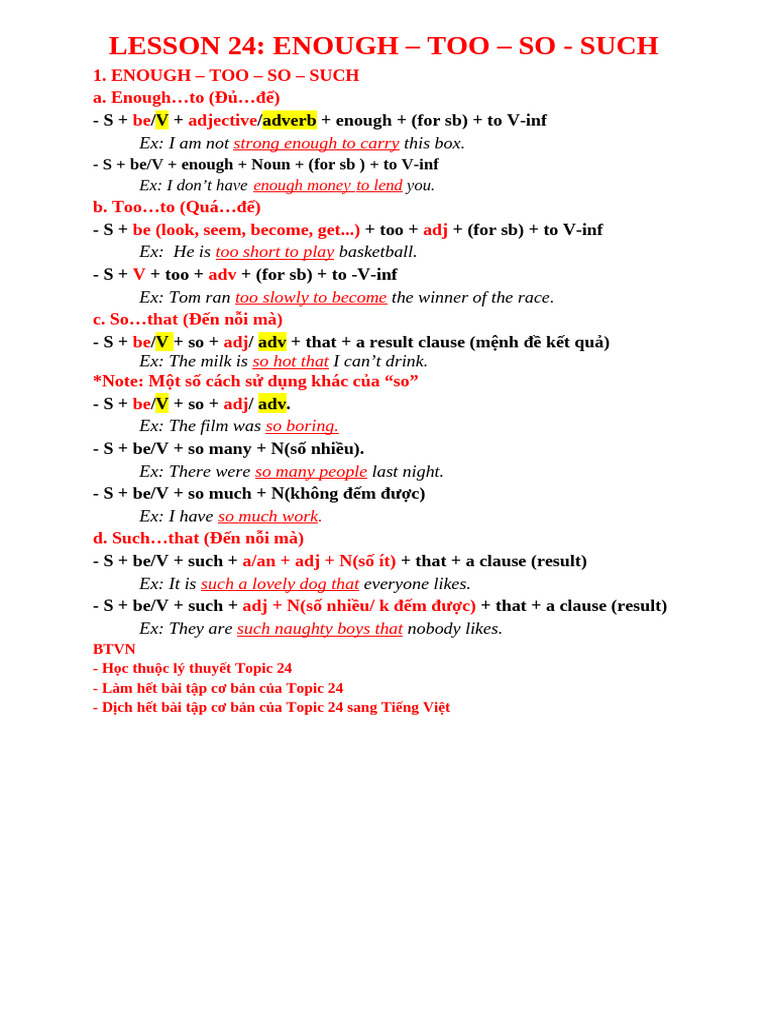 Ly Thuyet - Enough - So - Too - Such | PDF