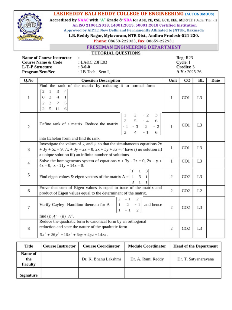 Freshman Engineering Tutorial Questions | PDF | Matrix (Mathematics ...