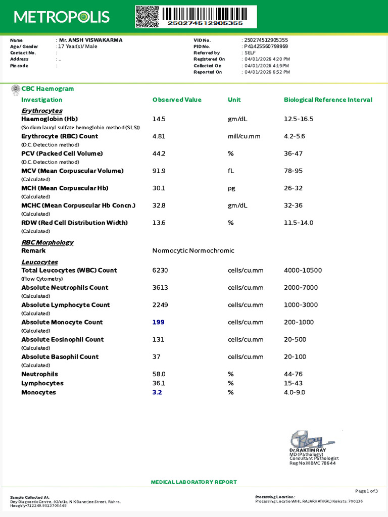 CBC Haemogram Report for Mr. Ansh Viswakarma | PDF | Medical ...