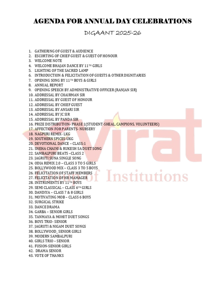 Annual Day Celebrations Agenda 2025-26 | PDF