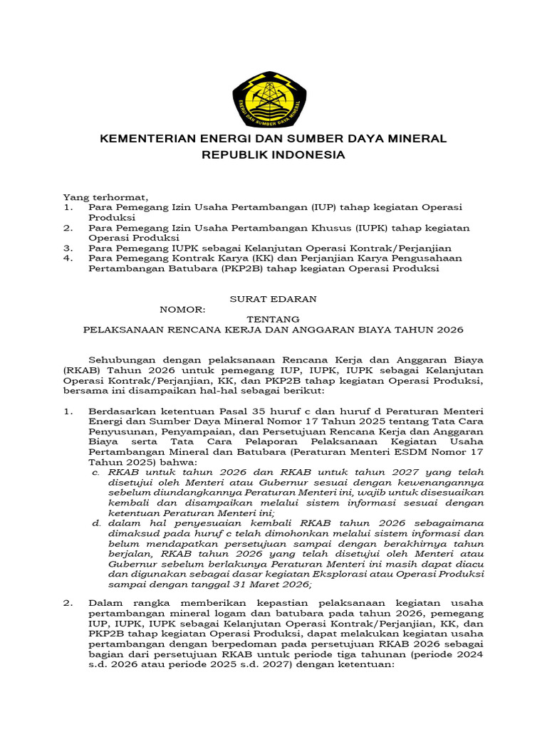 Surat Edaran RKAB 2026 untuk IUP dan IUPK | PDF