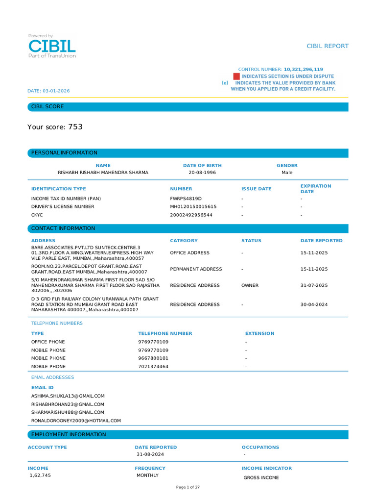 CIBIL Report for Rishabh Sharma - 2026 | PDF | Finance & Money ...