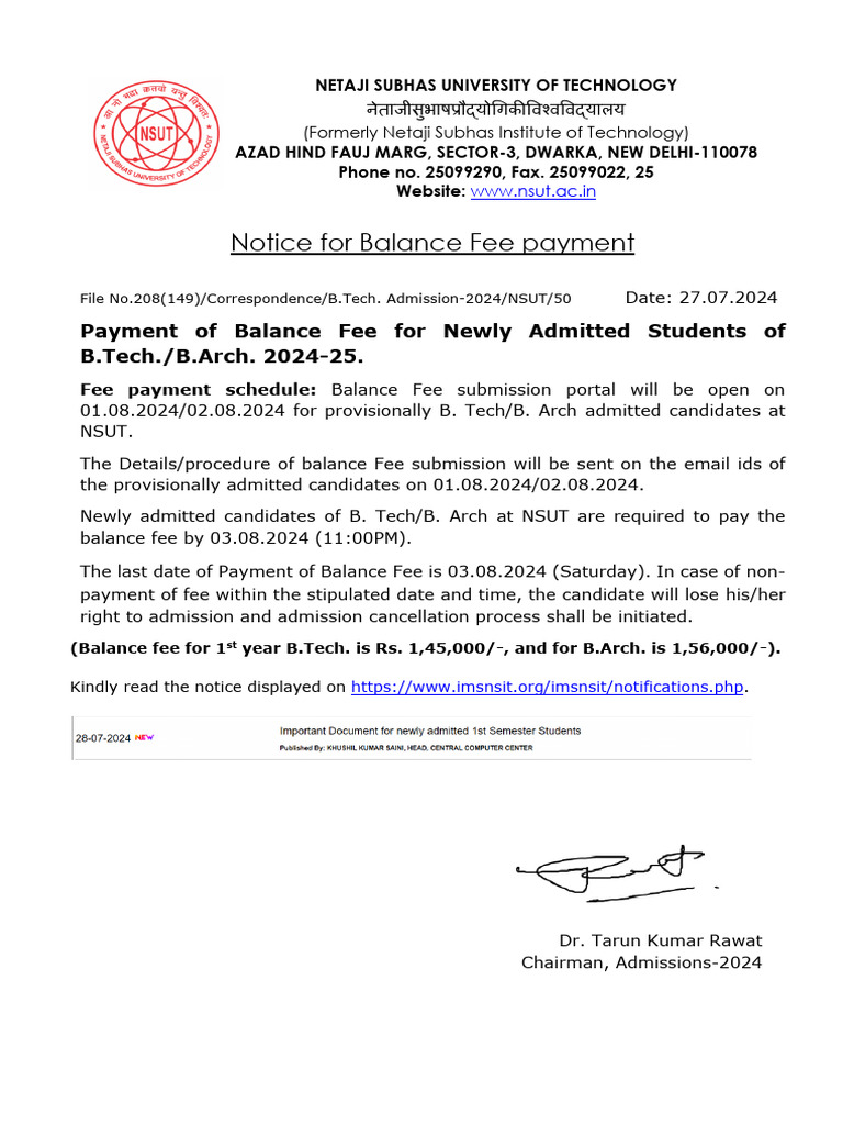 NSUT B.Tech/B.Arch Balance Fee Notice | PDF