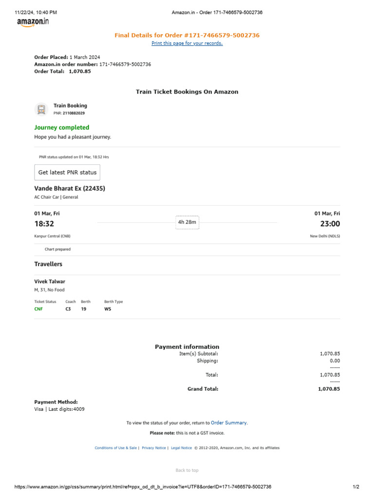 Amazon Train Ticket Order Summary | PDF | Rolling Stock | Rail Transport