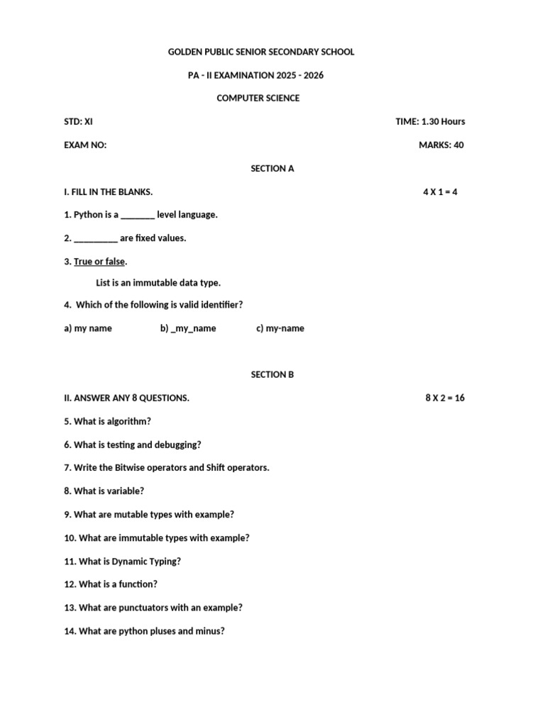 Computer Science Exam Paper 2025-26 | PDF