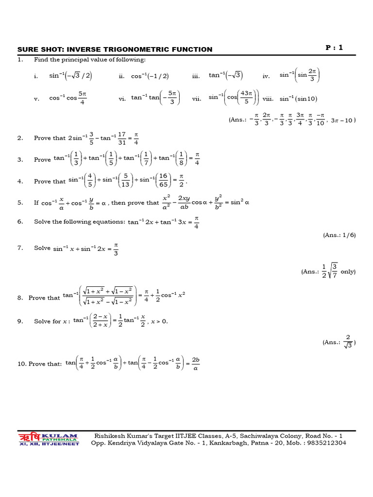 IITJEE Inverse Trigonometric Functions | PDF