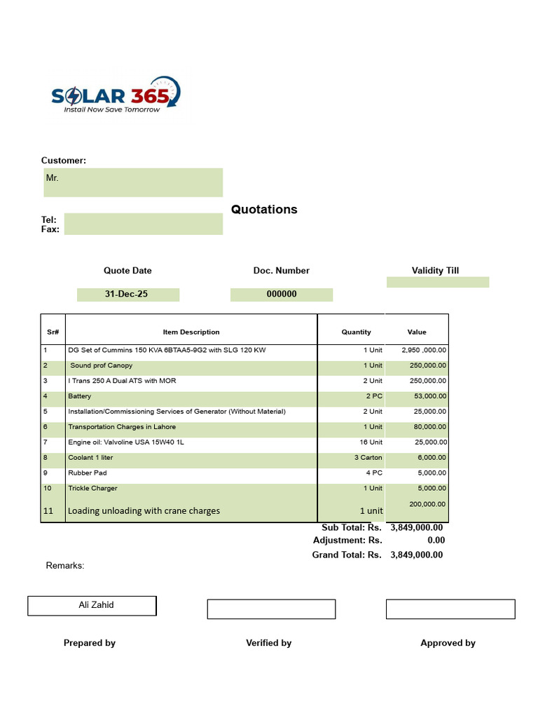 Generator Quotation and Pricing Details | PDF