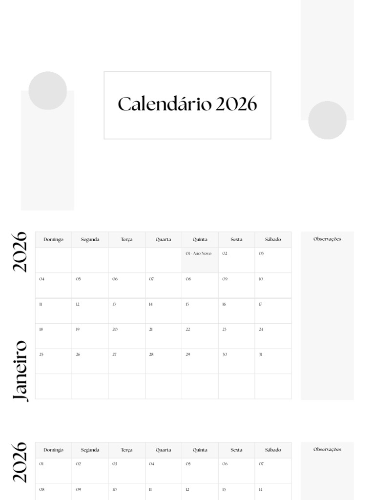 Branco Minimalista Calendário 2026 | PDF