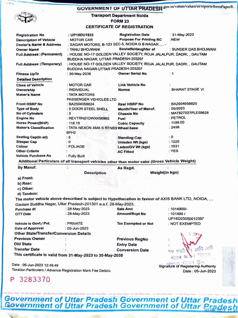 Vehicle Registration Certificate UP | PDF | Vehicles | Motor Vehicle