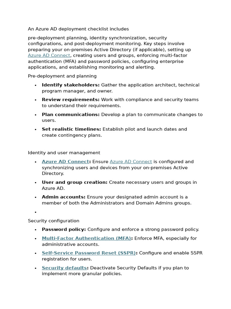 Azure AD Deployment Checklist Guide | PDF