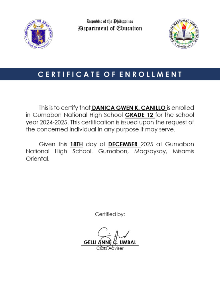 Certificate of Enrollment for Grade 12 | PDF
