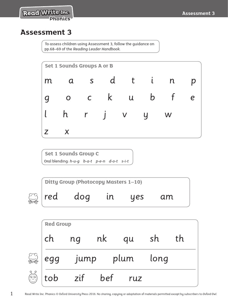Read Write Inc. Phonics Assessment 3 | PDF | Phonics | Language Acquisition