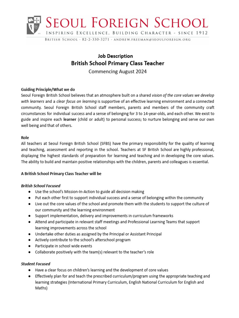 Primary Class Teacher Job at SFBS | PDF | Teachers | Learning