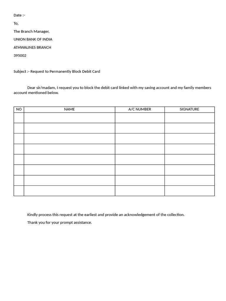Request for Debit Card Block 2 | PDF