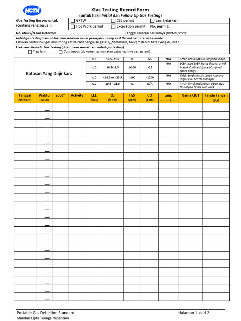 Formulir Rekaman Pengujian Gas Portable | PDF