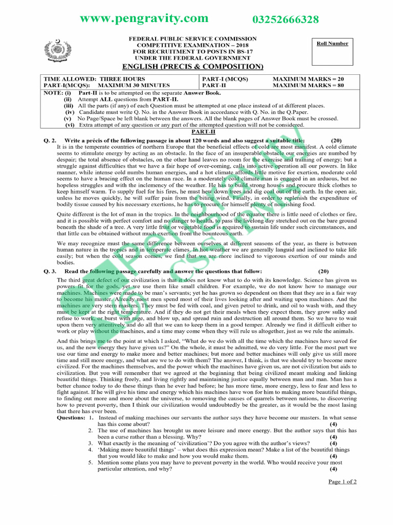 CSS English Precis and Composition Past Papers 2018 | PDF