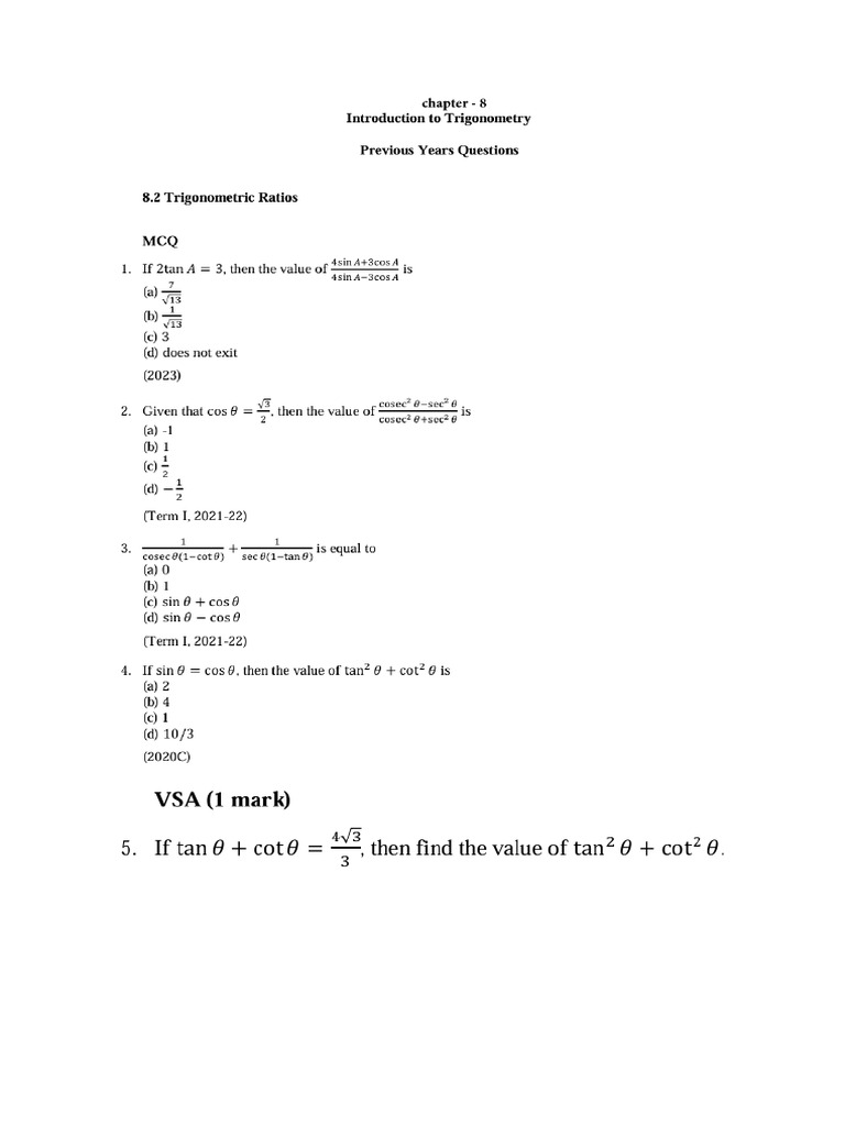 Intro To Trigonometry, PYQ's | PDF