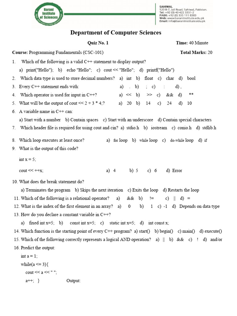 C++ Programming Fundamentals Quiz | PDF | Computer Programming ...
