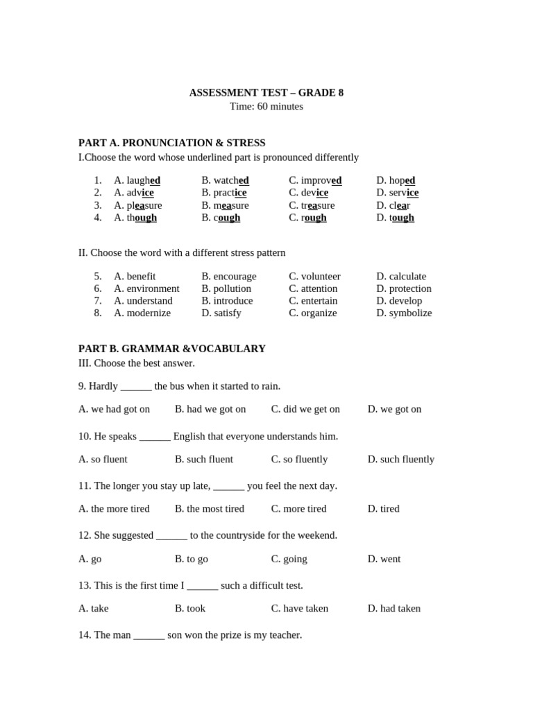 Grade 8 English Assessment Test | PDF | English Language | Learning