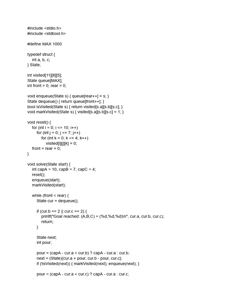 Water Jug Problem Solver in C | PDF | Queue (Abstract Data Type ...