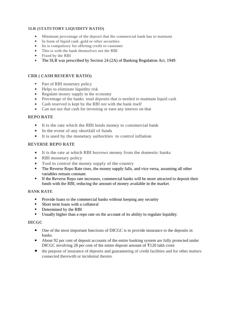 Understanding SLR, CRR, and RBI Rates | PDF