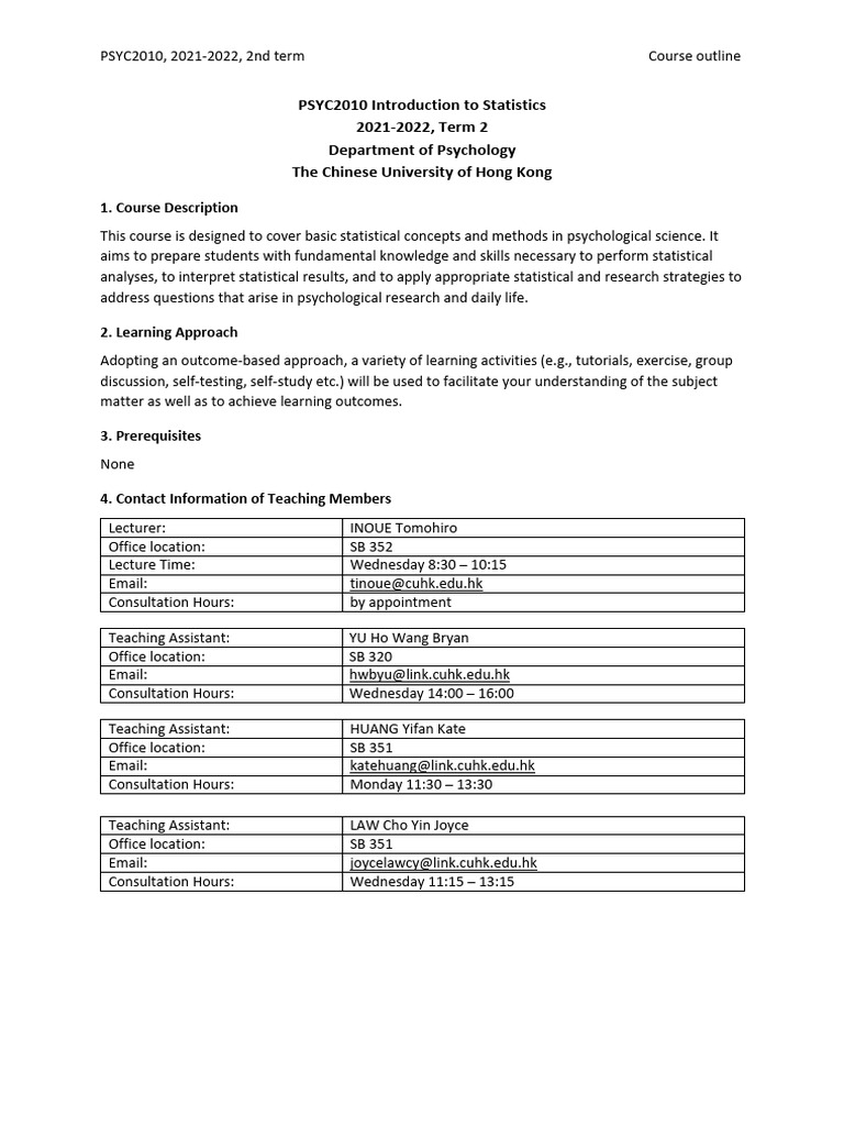 PSYC2010 Statistics Course Outline | PDF | Errors And Residuals | Variance