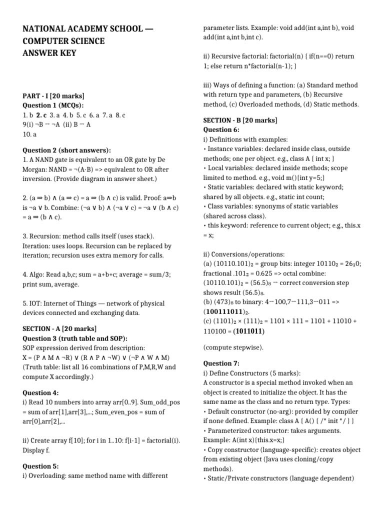 Computer Science Answer Key and Solutions | PDF | Constructor (Object ...