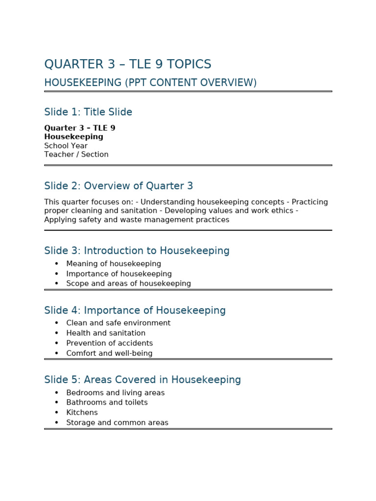 Housekeeping Essentials for Quarter 3 | PDF | Housekeeping | Hygiene