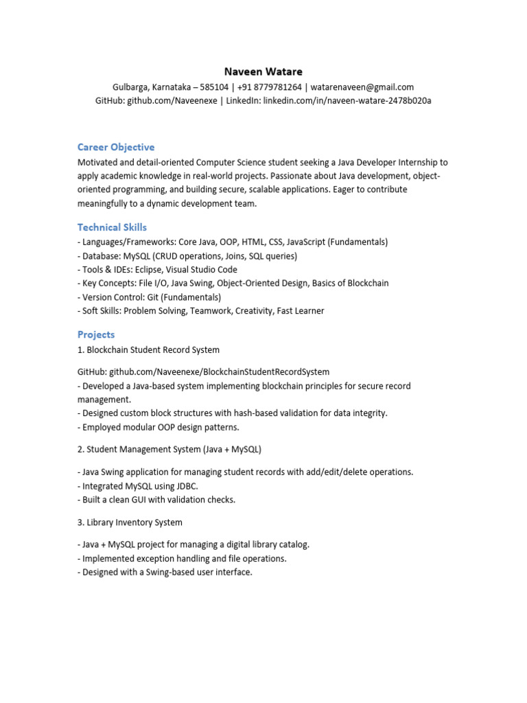 Java Developer Internship Resume | PDF