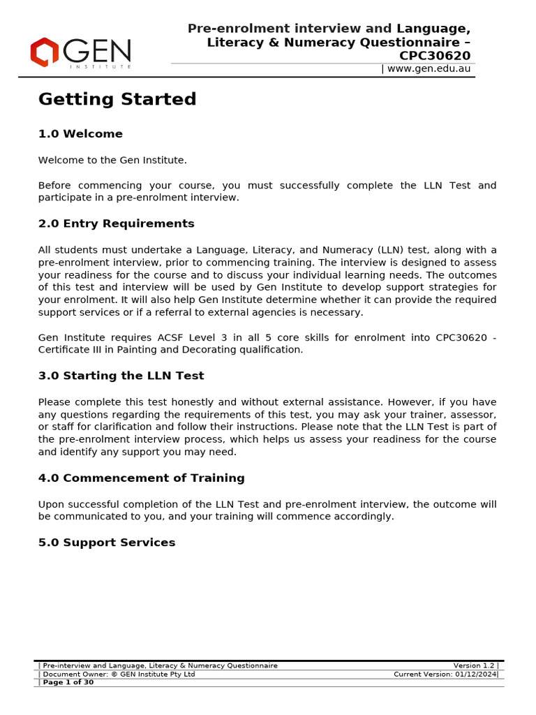 Gen - LLN - CPC30620 - Student Version | PDF | Literacy | Questionnaire
